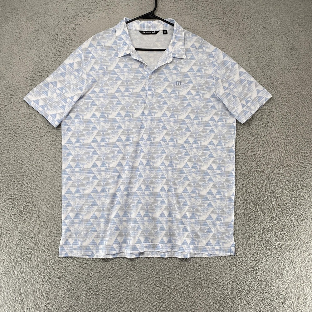 Travis Mathew Polo Shirt Mens 2XL‎ Blue Palm Geometric Golf Performance Stretch